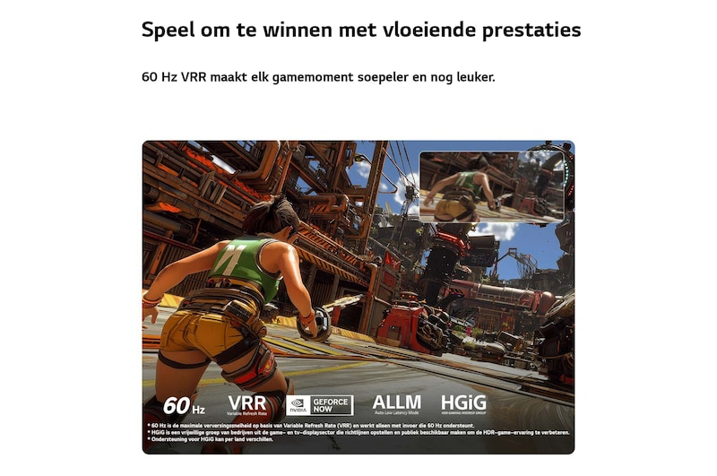 Een LG QNED AI QNED70 Mini LED voor ultieme gameplay toont een snel actiespel met een vergelijkingsinzet die de vloeiendere bewegingen benadrukt, terwijl het 60Hz, VRR, AMD FreeSync, ALLM, HGiG en GeForce NOW ondersteunt.